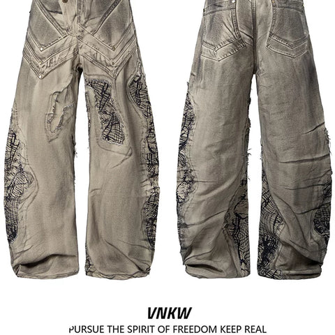 China-Chic Deconstruction Splicing Spray Dyeing Damaged Scimitar Workwear Jeans for Men and Women Heavy Weight Old Wasteland Wide Leg Pants