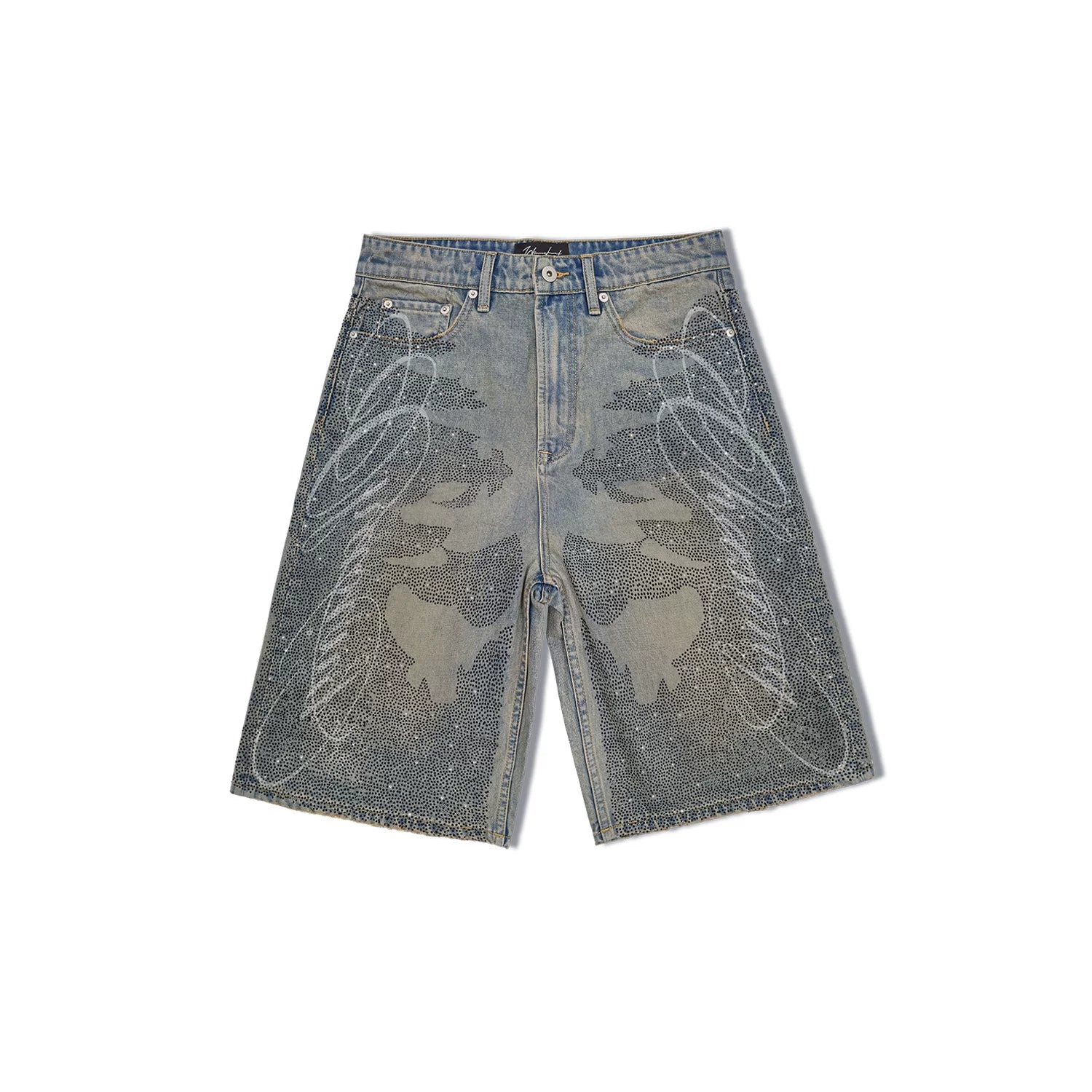WANNA LAB 26SS floral font hot stamping sequin leather brand washed denim seven quarter shorts