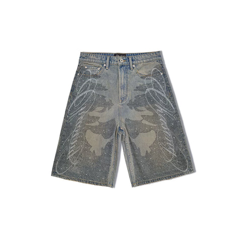 WANNA LAB 26SS floral font hot stamping sequin leather brand washed denim seven quarter shorts