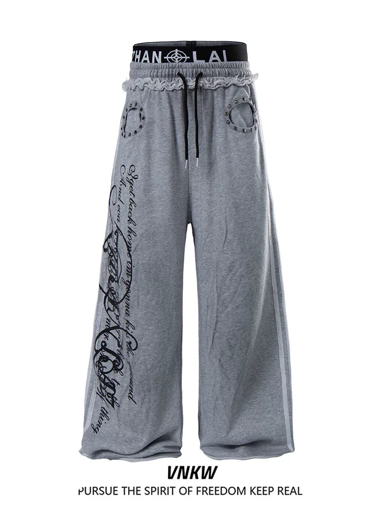 American retro gothic style double waisted wide leg casual pants for men and women, trendy brand, cool and versatile baggy sports sweatpants