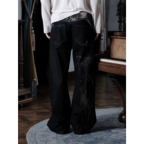 WANNA LAB Sword Bone Laser Burn Flower Baggy Original Cow Pants Bending Knife Waist Splicing Plush Ice Blue Stitching