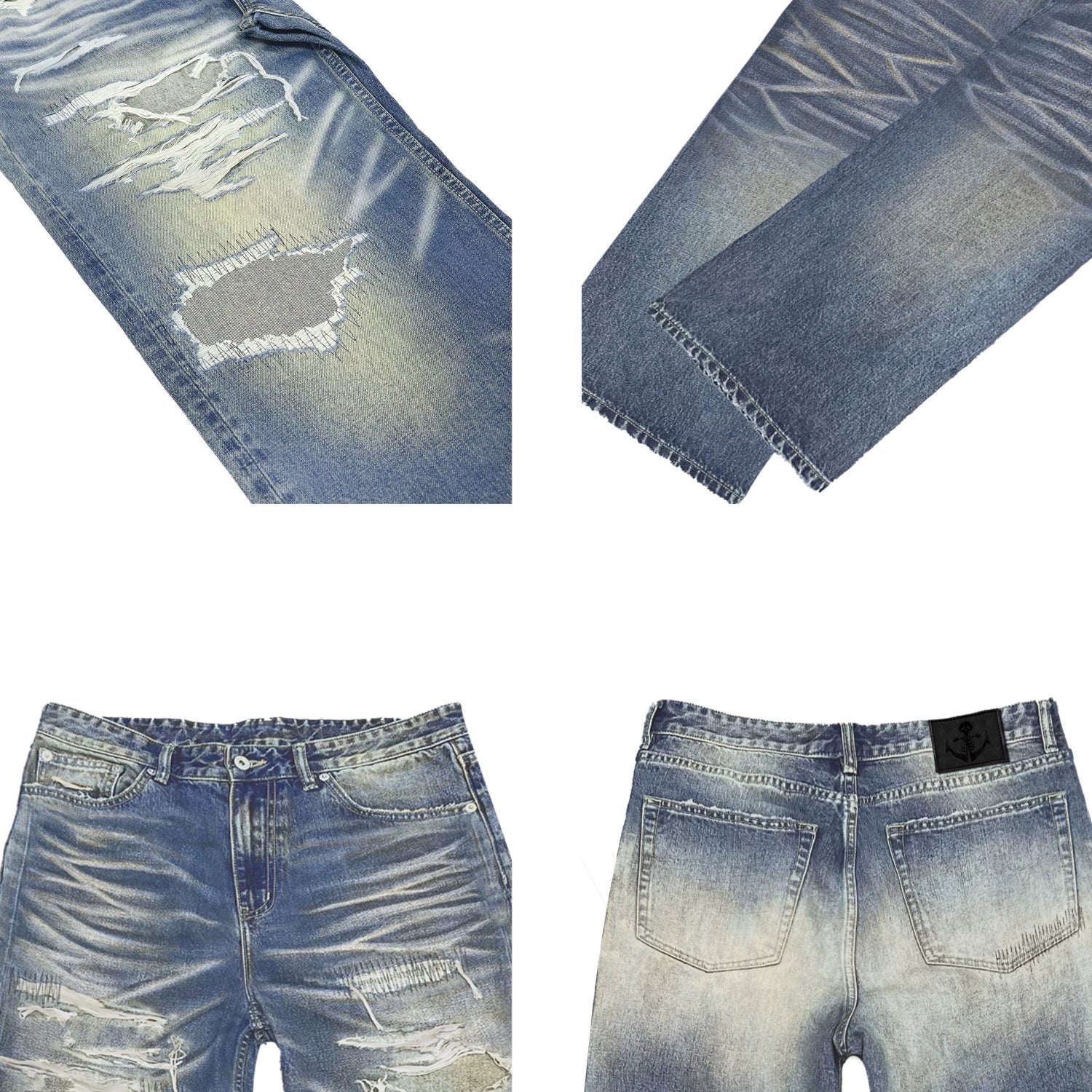 WANNA LAB Patches Chaotic Needles BORO Craftsmanship Unique Water Wash Destruction Make Old Straight Tube 3D Cat Beard Jeans