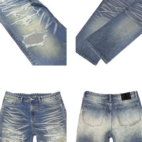 WANNA LAB Patches Chaotic Needles BORO Craftsmanship Unique Water Wash Destruction Make Old Straight Tube 3D Cat Beard Jeans