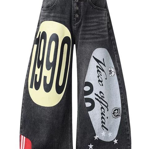 American high street hip-hop digital print splicing curved knife jeans for men and women, unisex style, loose and wide leg versatile pants