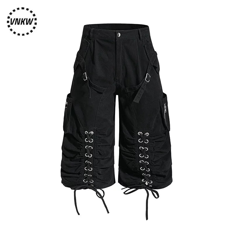 American retro light Asian multi pocket drawstring strap deconstruction workwear cropped pants for men and women loose wide leg versatile shorts