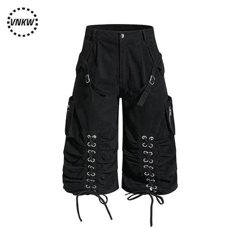 American retro light Asian multi pocket drawstring strap deconstruction workwear cropped pants for men and women loose wide leg versatile shorts