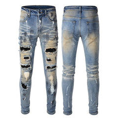 Purple jeans Men's Blue Jeans with Black Patches, Distressed Paint, and Ripped Details (523-6523)