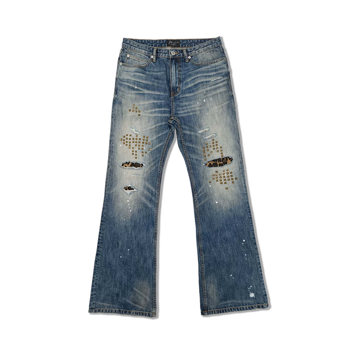 WANNA LAB 26SS Pierced Leopard Patch Cat Beard Bronze Square Rivet Splashed Ink Micro Pull Cowboy Pants