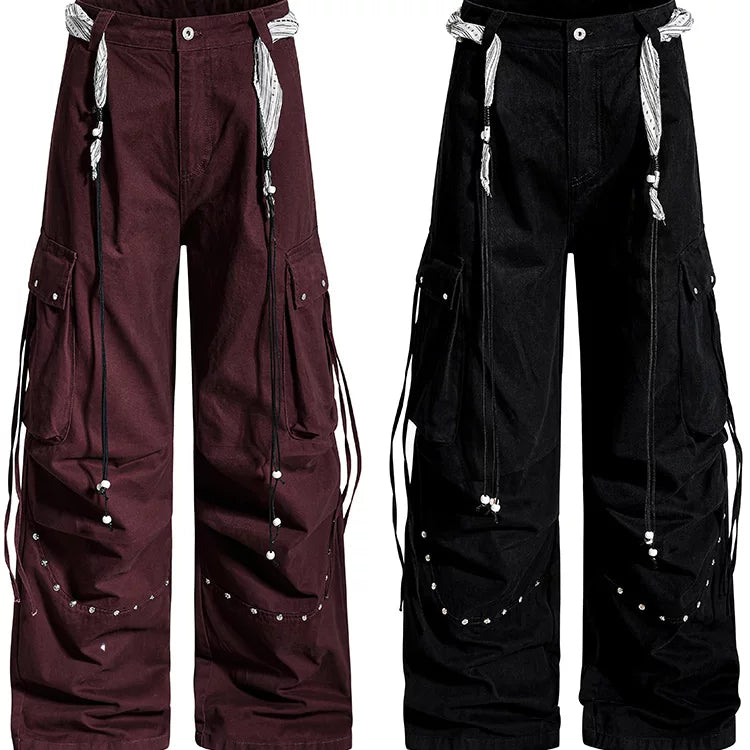 American functional style pleated rivet multi pocket wide leg work pants, loose straight leg hanging chain decoration, cool casual pants