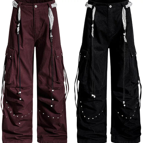 American functional style pleated rivet multi pocket wide leg work pants, loose straight leg hanging chain decoration, cool casual pants