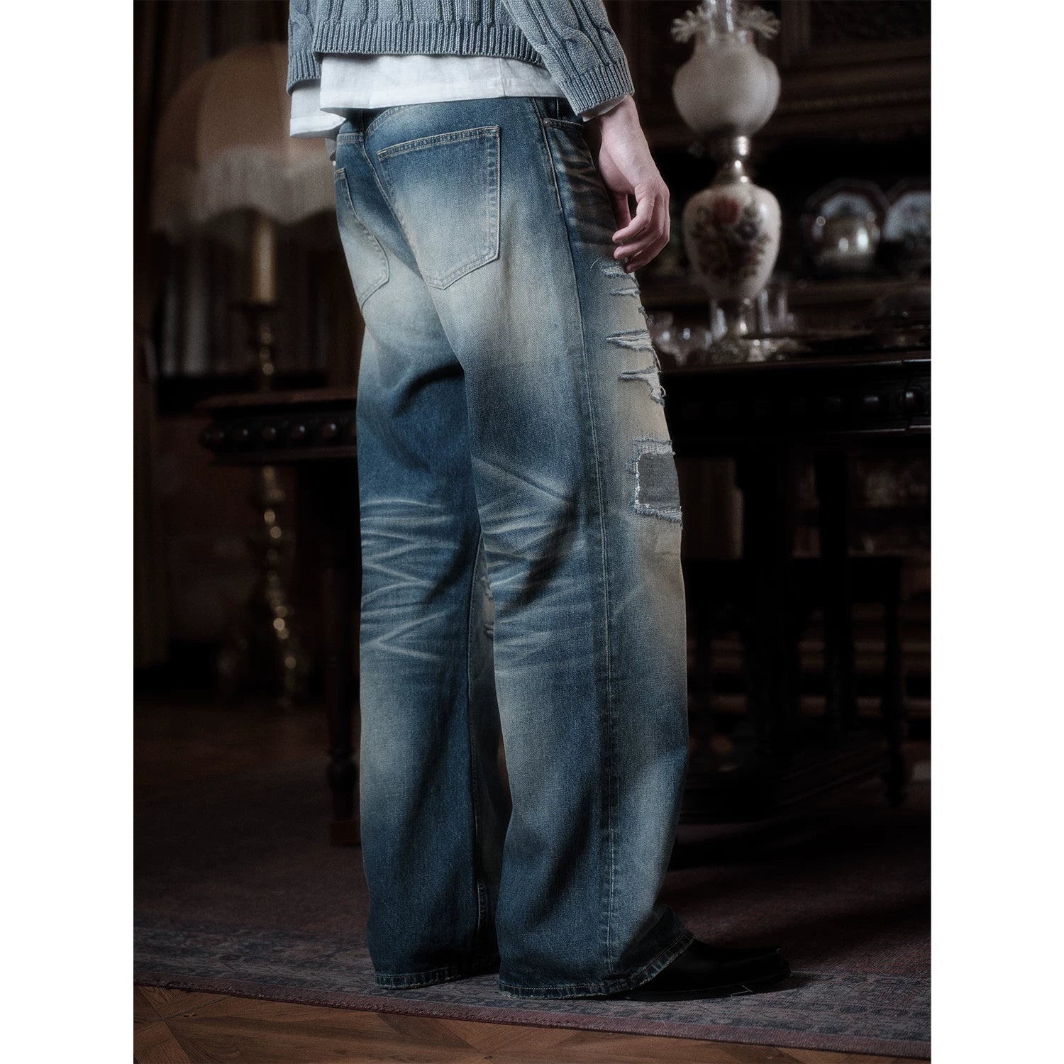 WANNA LAB Patches Chaotic Needles BORO Craftsmanship Unique Water Wash Destruction Make Old Straight Tube 3D Cat Beard Jeans