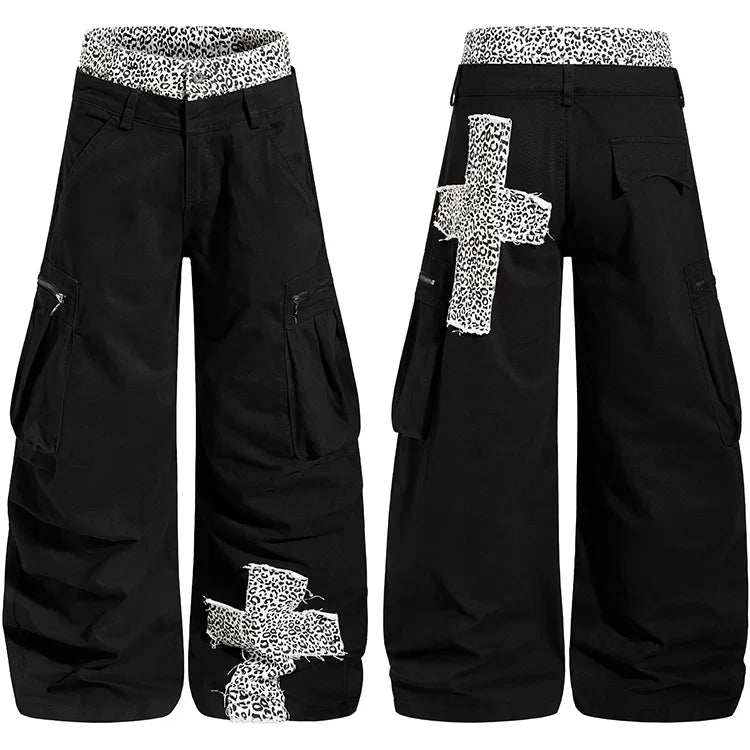 China-Chic ruffian handsome multi pocket leopard double waist head splicing machete overalls for men and women loose design wide leg trousers