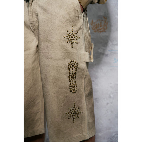 WANNA LAB 26SS genuine leather adhesive cloth, brass rivets, flower wiping, dirty embryo cloth, color bead sail workwear, six or seven minute shorts