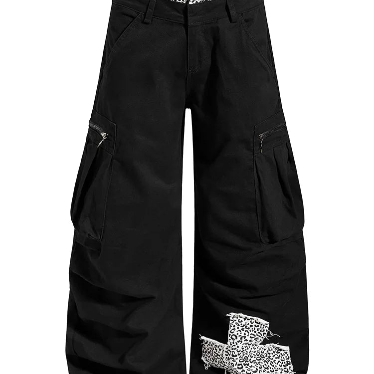 China-Chic ruffian handsome multi pocket leopard double waist head splicing machete overalls for men and women loose design wide leg trousers