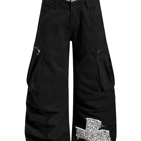 China-Chic ruffian handsome multi pocket leopard double waist head splicing machete overalls for men and women loose design wide leg trousers