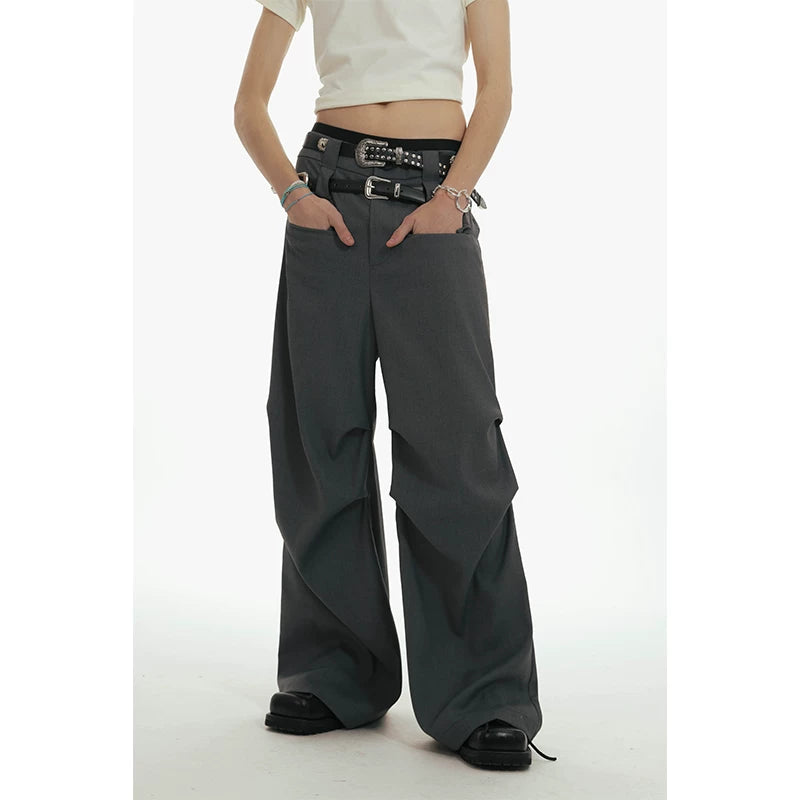 Unfesno (UN) Grey style double waisted 460G fabric pleated silhouette hanging Western pants gray suit pants
