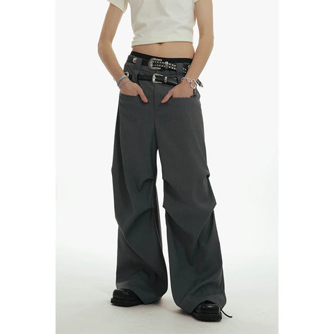 Unfesno (UN) Grey style double waisted 460G fabric pleated silhouette hanging Western pants gray suit pants