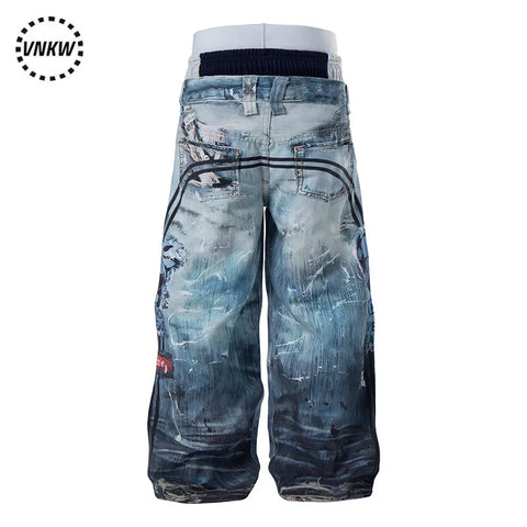 American street heavyweight three waisted 3D printed wide leg work pants for men and women, loose and versatile clean fit long pants