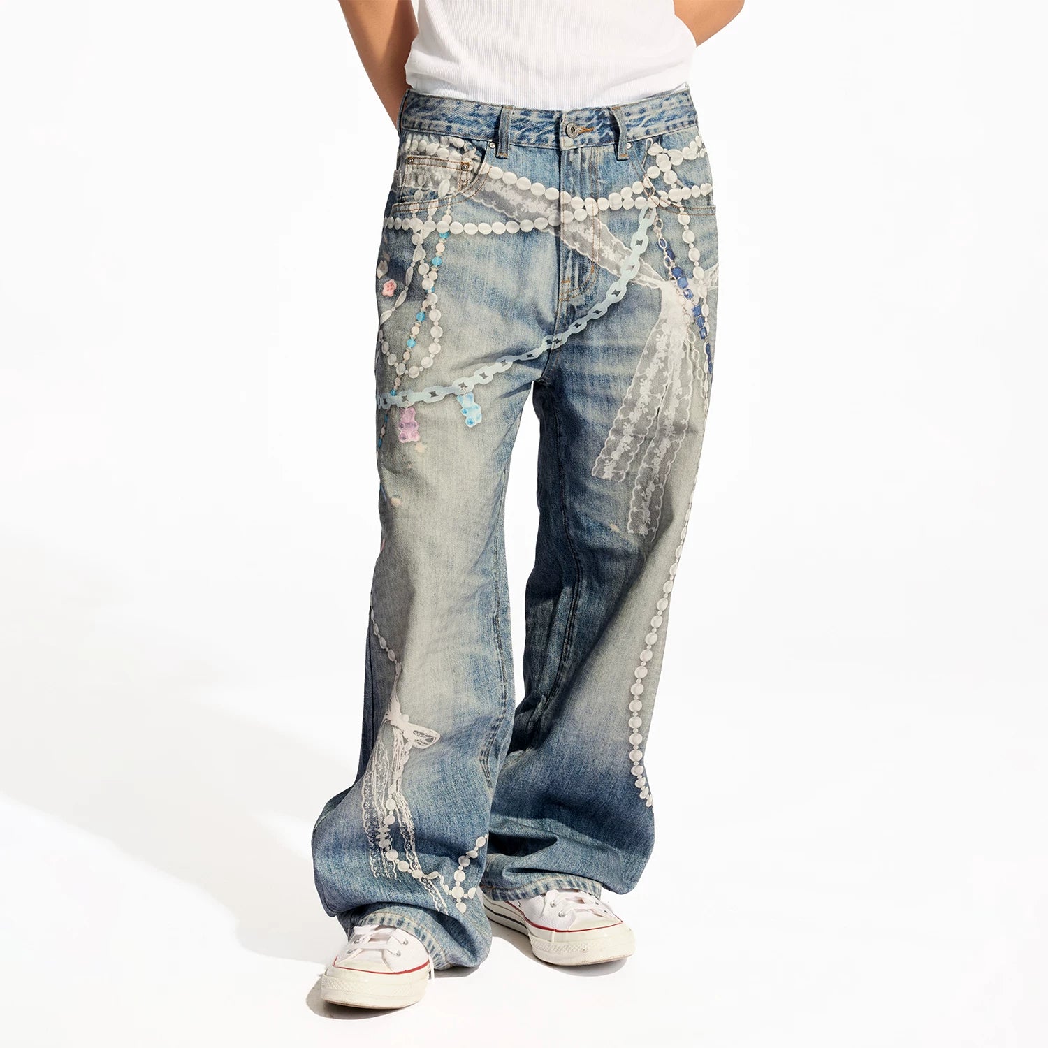 WHOOSIS (unknown name) lace bead chain printed denim pants casual straight tube loose men's and women's trend