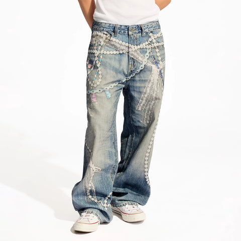WHOOSIS (unknown name) lace bead chain printed denim pants casual straight tube loose men's and women's trend