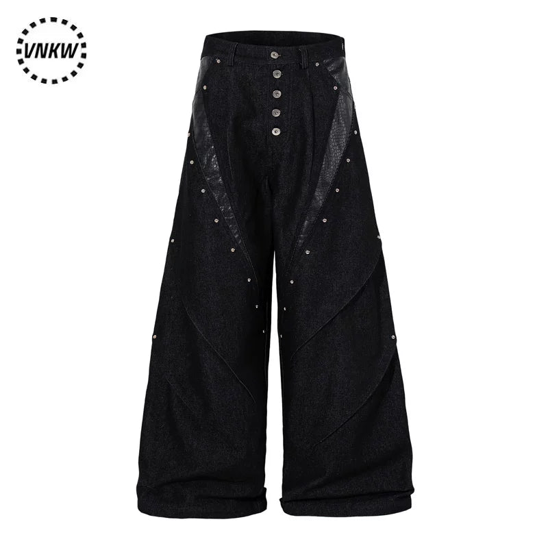 American retro rivet single breasted design workwear jeans for men, rugged and handsome high street, loose and wide leg, and long pants