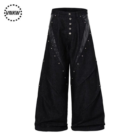 American retro rivet single breasted design workwear jeans for men, rugged and handsome high street, loose and wide leg, and long pants