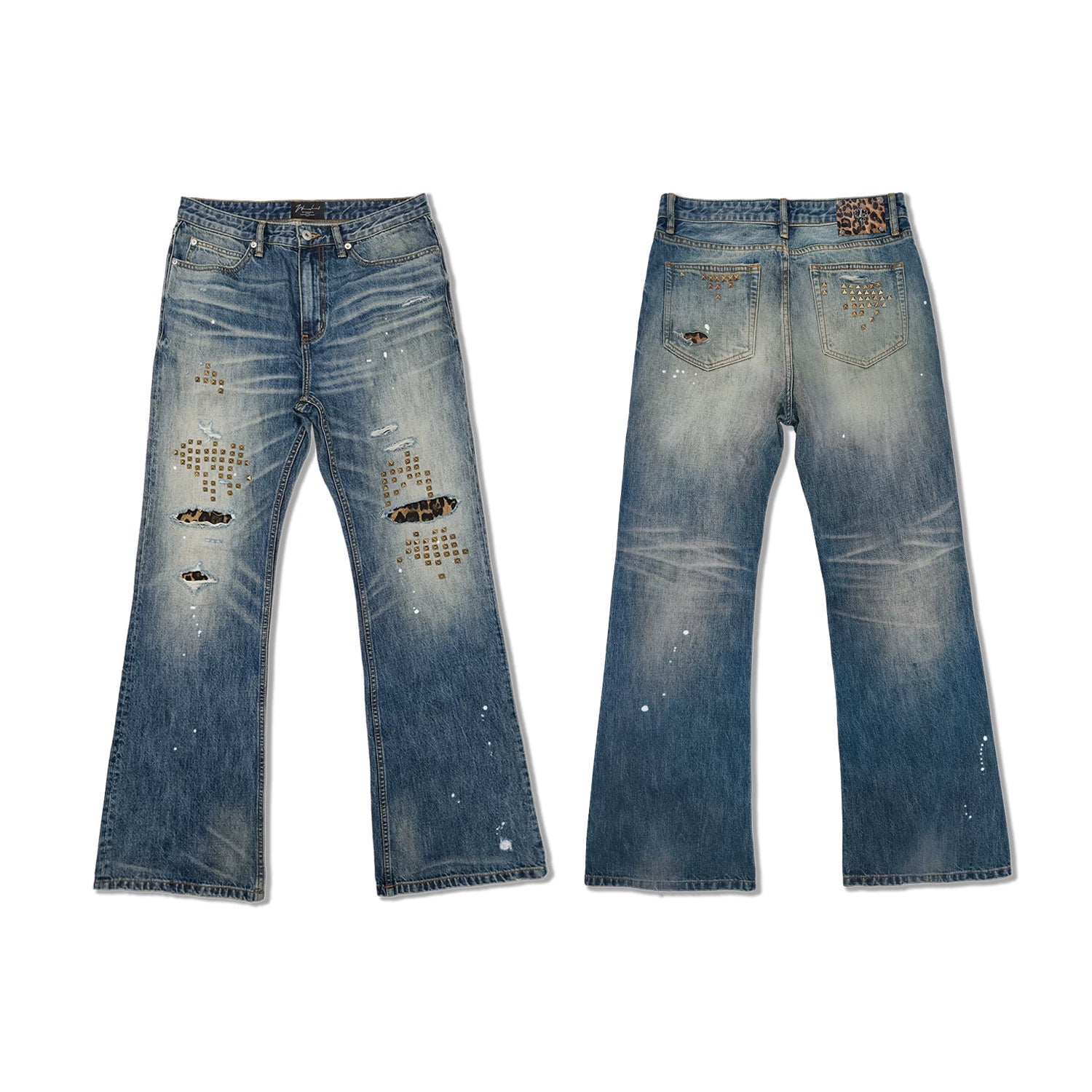 WANNA LAB 26SS Pierced Leopard Patch Cat Beard Bronze Square Rivet Splashed Ink Micro Pull Cowboy Pants