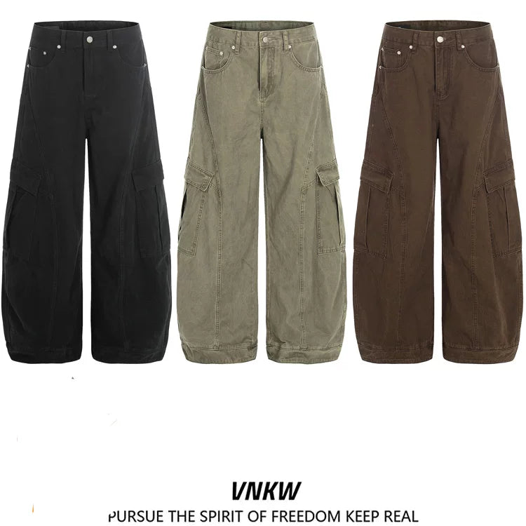 American retro deconstructive design, multi pocket workwear, curved knife pants, men's and women's loose wide leg baggy casual pants