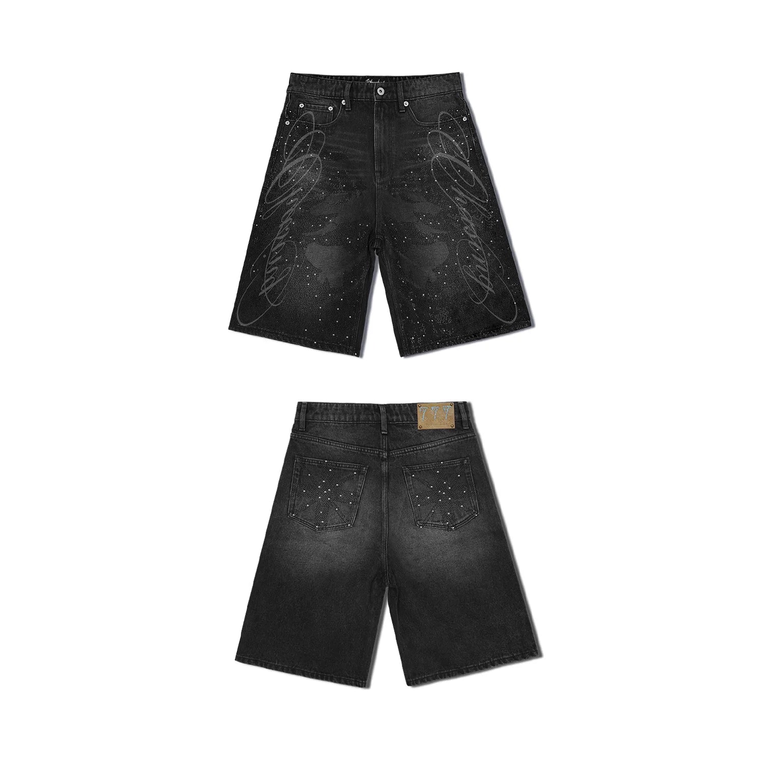 WANNA LAB 26SS floral font hot stamping sequin leather brand washed denim seven quarter shorts