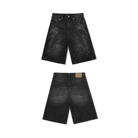 WANNA LAB 26SS floral font hot stamping sequin leather brand washed denim seven quarter shorts