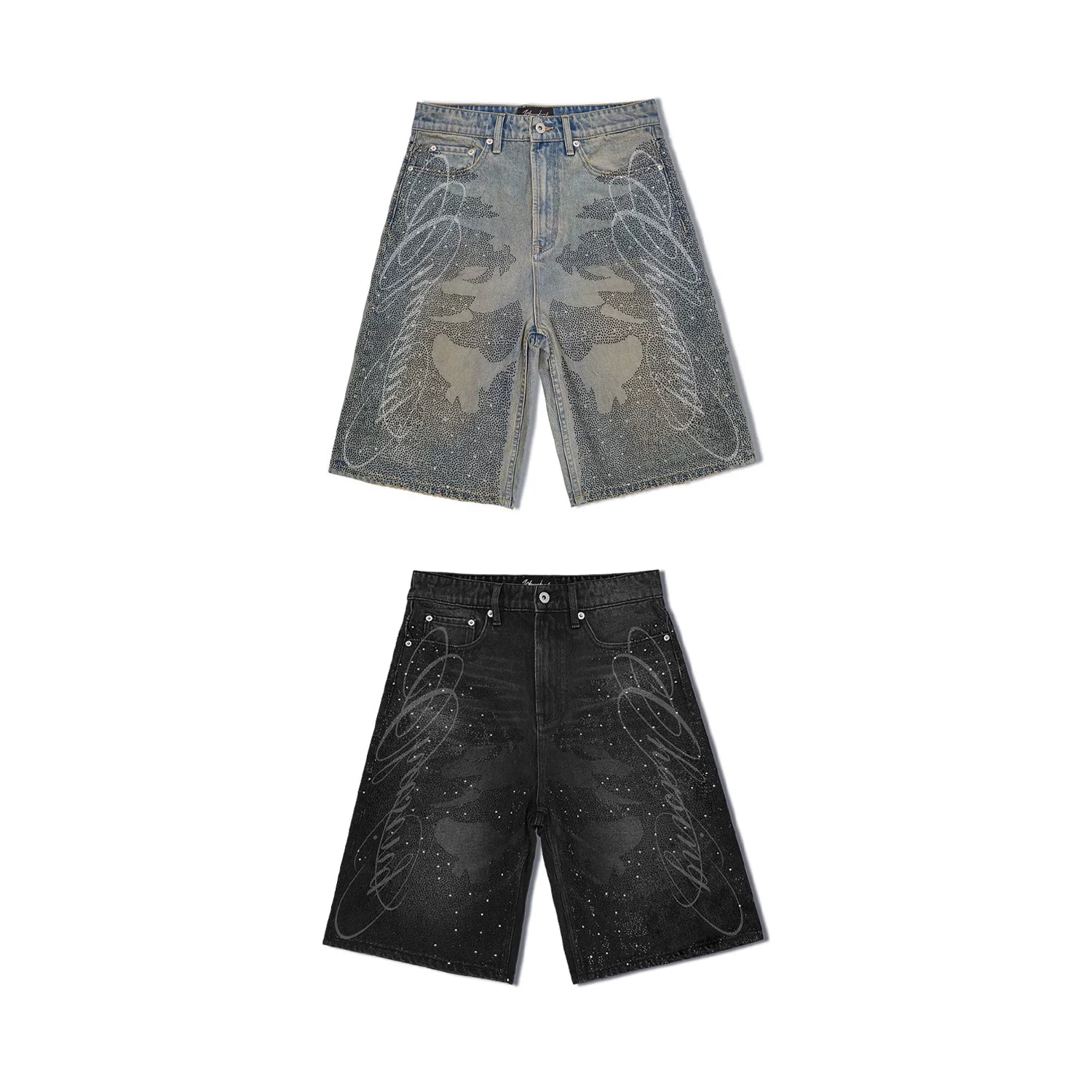 WANNA LAB 26SS floral font hot stamping sequin leather brand washed denim seven quarter shorts