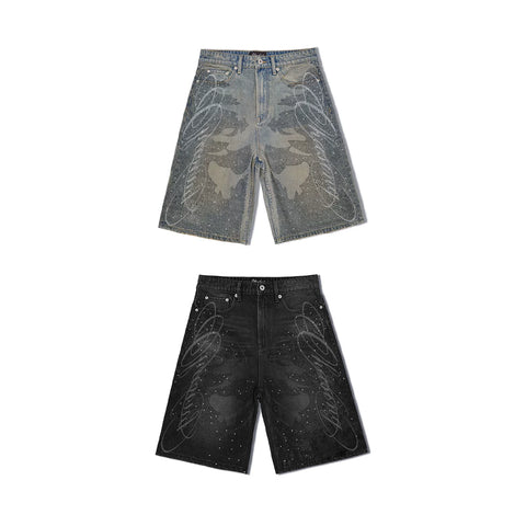 WANNA LAB 26SS floral font hot stamping sequin leather brand washed denim seven quarter shorts