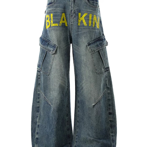 China-Chic American retro vintage wash wide leg jeans male baggy scimitar lovers casual micro la overalls