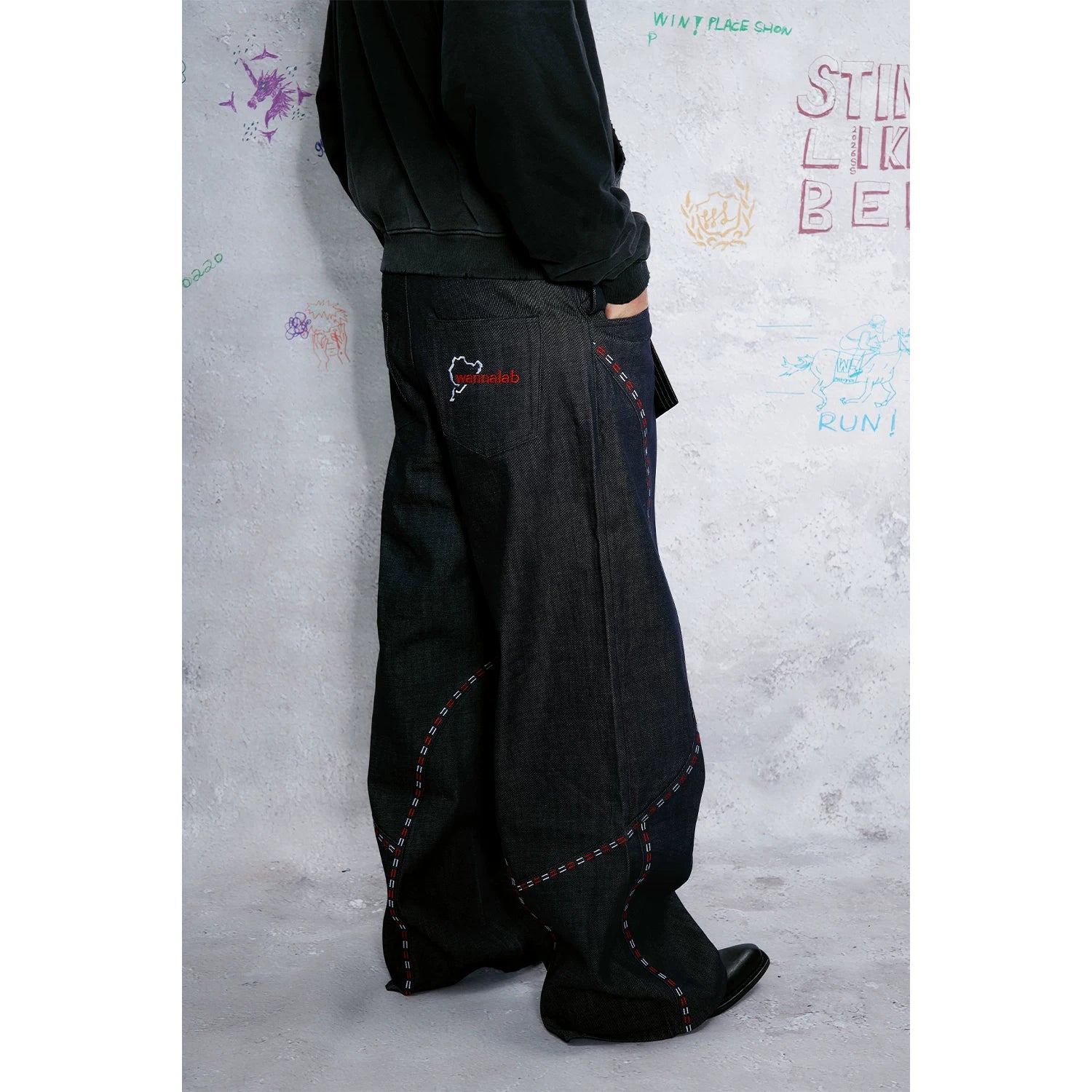 WANNA LAB 26SS racing track with stitching embroidery curved knife Baggy cutting original denim long pants
