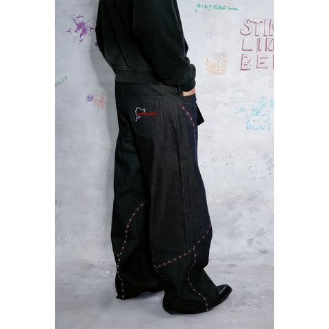 WANNA LAB 26SS racing track with stitching embroidery curved knife Baggy cutting original denim long pants