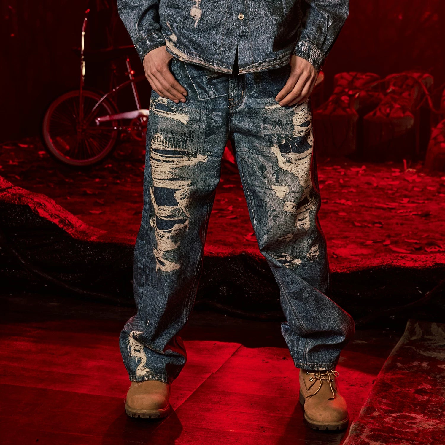 Stranger Things Official Collaboration WHOOSIS Newspaper Destruction Printed Jeans Pants Loose Men and Women Trendy