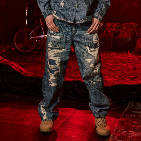 Stranger Things Official Collaboration WHOOSIS Newspaper Destruction Printed Jeans Pants Loose Men and Women Trendy