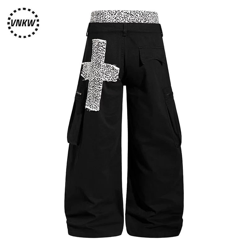China-Chic ruffian handsome multi pocket leopard double waist head splicing machete overalls for men and women loose design wide leg trousers