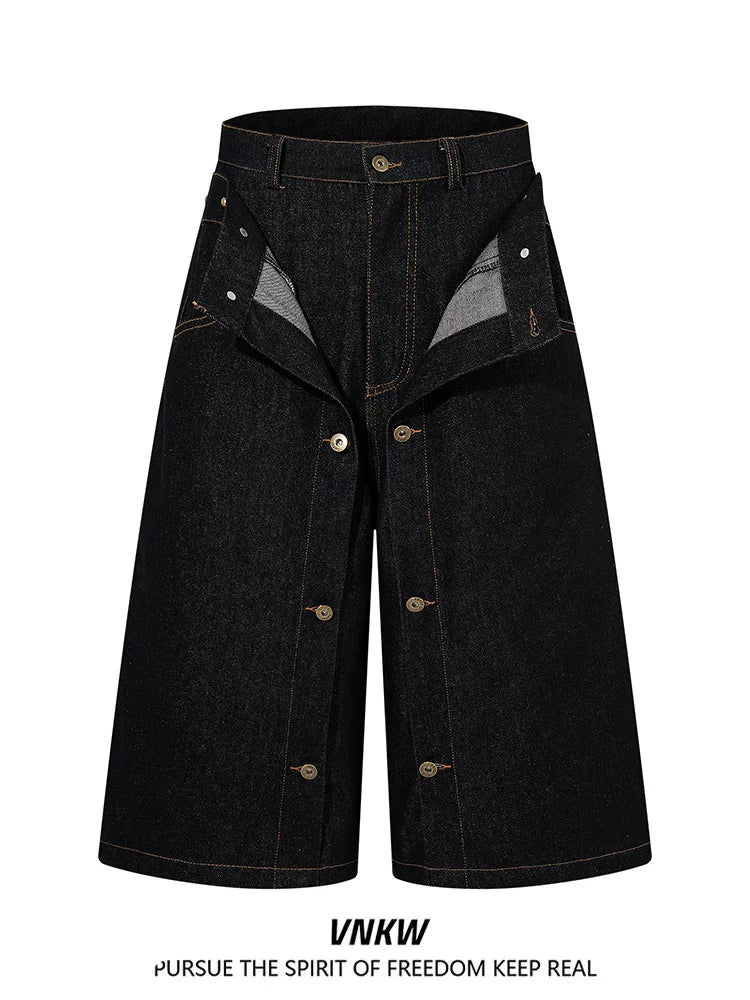 American retro double waisted original cowhide multi button denim cropped pants, men's and women's loose wide leg versatile workwear shorts