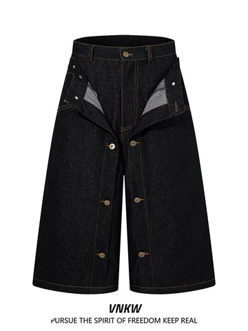 American retro double waisted original cowhide multi button denim cropped pants, men's and women's loose wide leg versatile workwear shorts