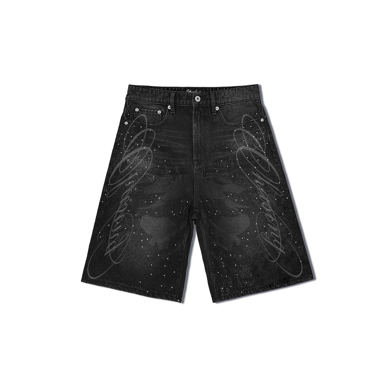 WANNA LAB 26SS floral font hot stamping sequin leather brand washed denim seven quarter shorts
