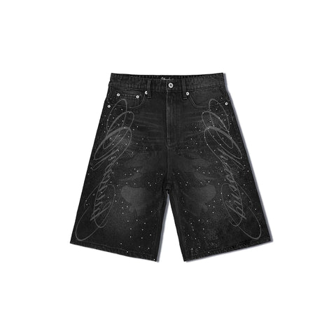 WANNA LAB 26SS floral font hot stamping sequin leather brand washed denim seven quarter shorts