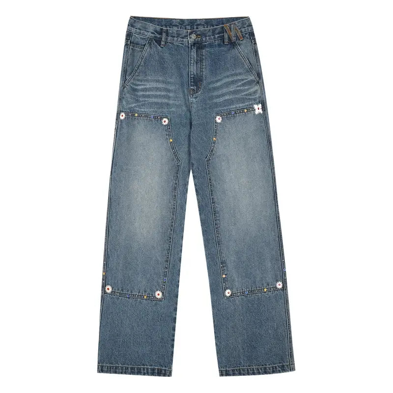 MEDM Gemstone Studded Double Knee Washed Jeans