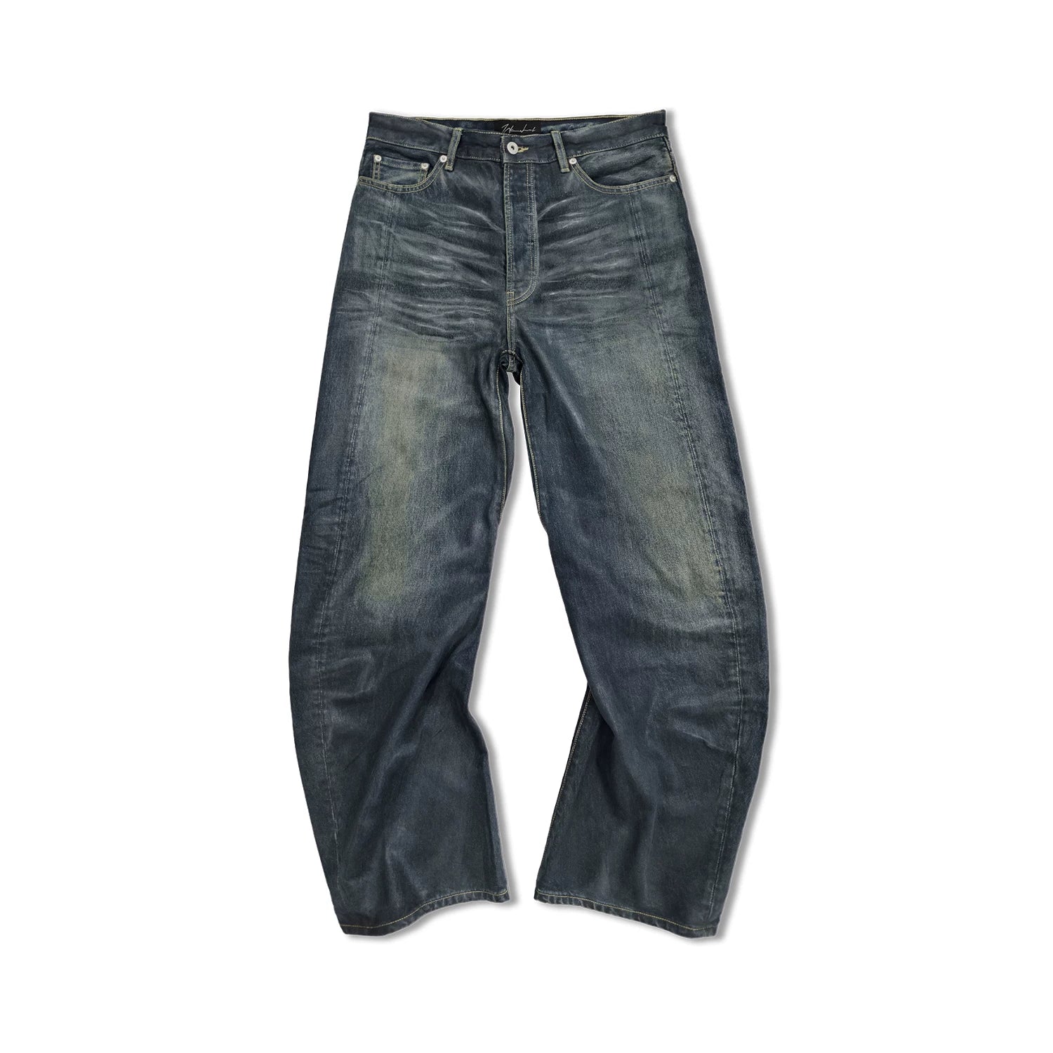LINBESUI logo WANNA LAB 26SS hand waxed pleated cat whiskers curved knife washed denim pants