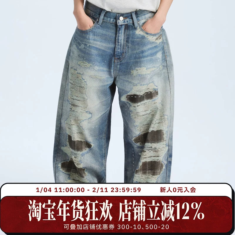WHOOSIS（不知其名）数码3D打印破洞布贴直筒阔腿印花牛仔裤男女