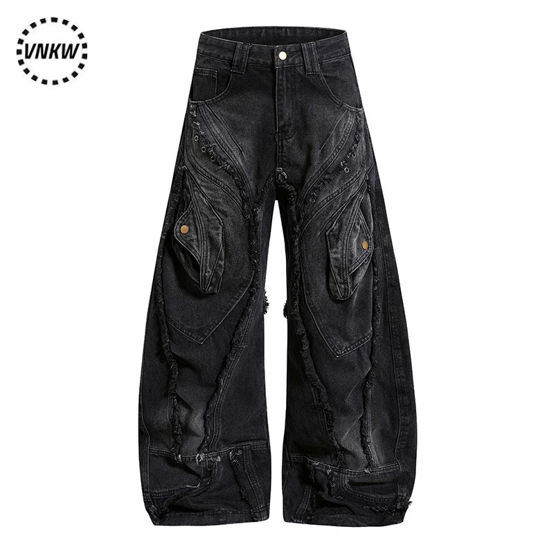 China-Chic Super Heavy Industries worn and deconstructed raw edge scimitar jeans men and women's waste earth style loose wide leg black gray trousers
