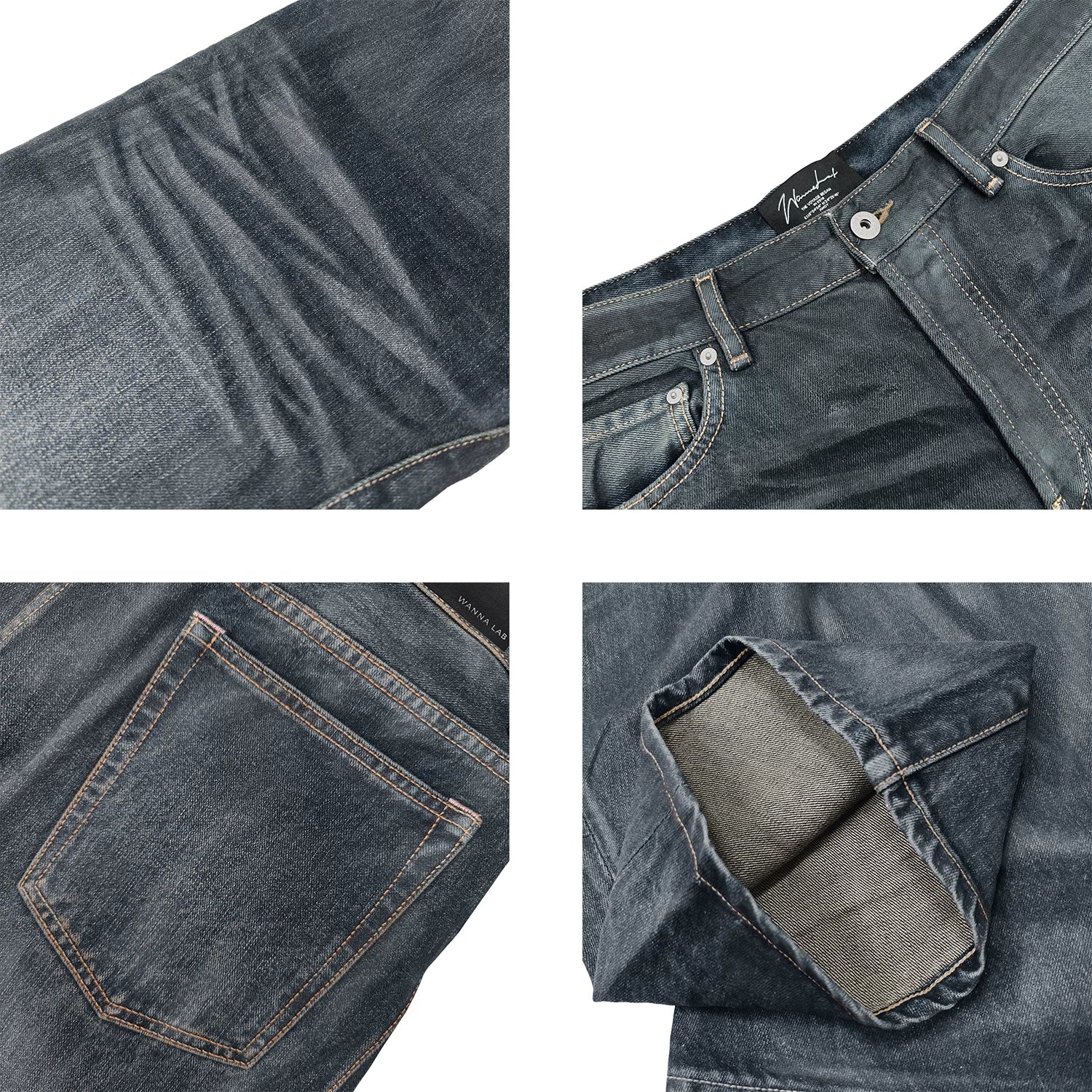 LINBESUI logo WANNA LAB 26SS hand waxed pleated cat whiskers curved knife washed denim pants
