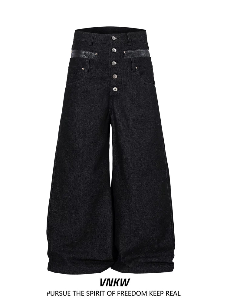 American retro original cow double waisted spliced work pants for men and women, loose wide leg straight leg casual versatile commuting pants