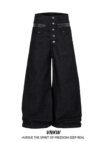 American retro original cow double waisted spliced work pants for men and women, loose wide leg straight leg casual versatile commuting pants