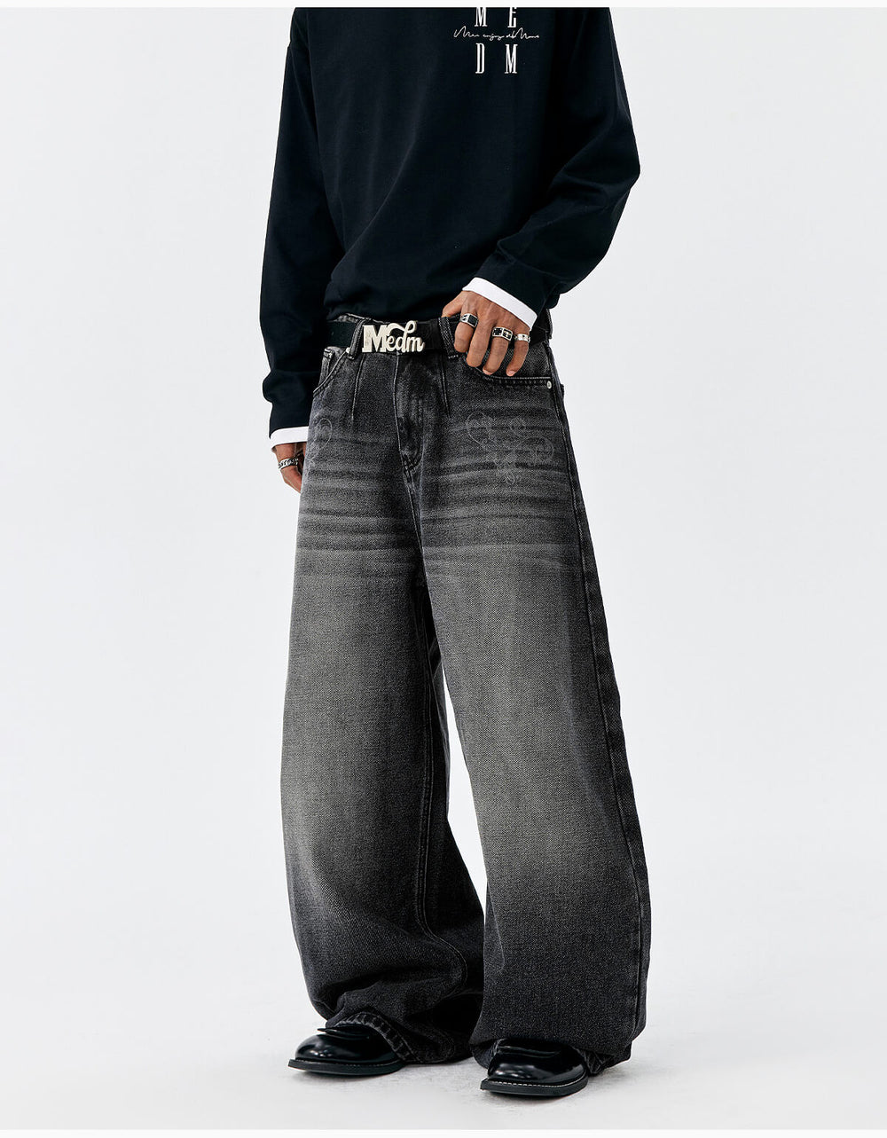 MEDM Flower Vine Laser Burnout Washed Machete Jeans